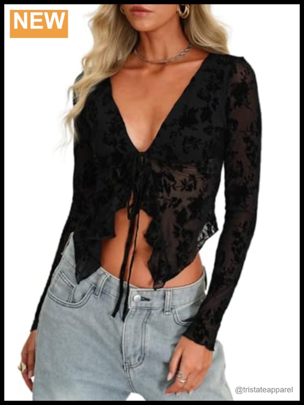 Sheer Mesh Lace Crop Top Long Sleeve Ruffle Tie Front Blouse Women's Floral
